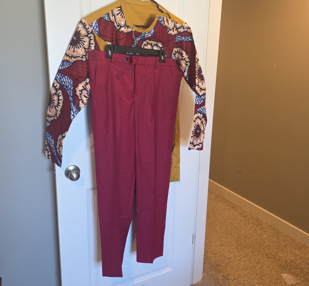 Maroon African-Print Agbada Set with Patterned Top